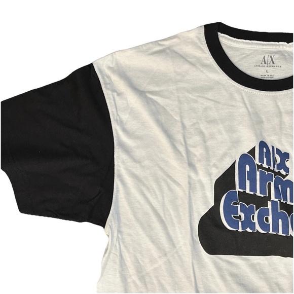 Armani Exchange Men's Large White T-Shirt with Black Sleeves & Blue Letter Logo - Picture 2 of 9